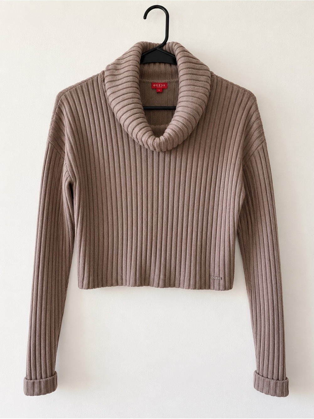 GUESS Ribbed Cropped Cowl Neck Sweater Taupe Size S